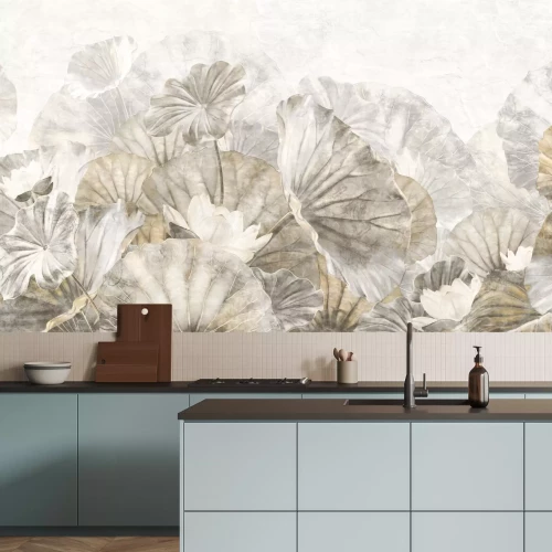 Fotobehang Witte waterlelies tussen grote bladeren in een delicate aquarelillustratie