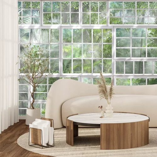 Fotobehang 3D-weergave van een tropische jungle door een raam