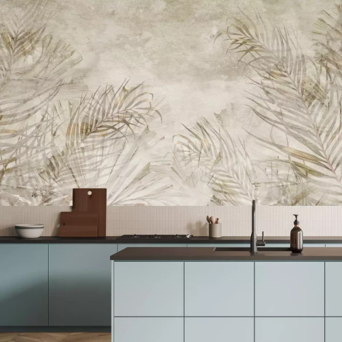 Fotobehang Tropische palmbladeren op een beige betonnen achtergrond, boho-stijl