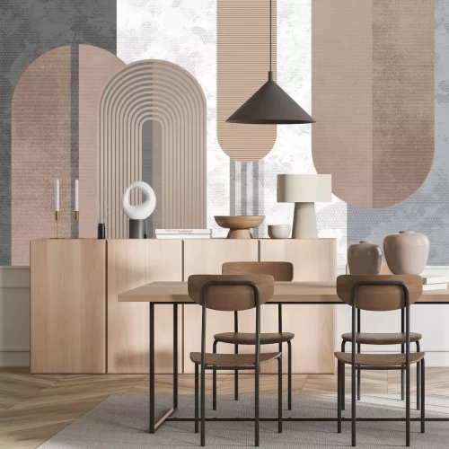 Fotobehang Geometrisch patroon van vormen en bogen met een gestructureerde achtergrond, modern patroon