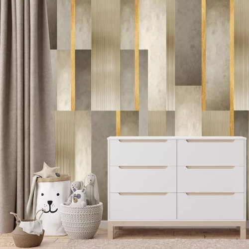 Fotobehang Geometrisch patroon van gouden strepen en moderne decoratie van betontextuur