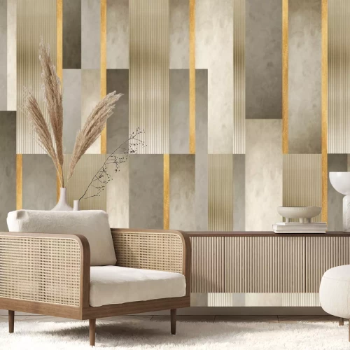 Fotobehang Geometrisch patroon van gouden strepen en moderne decoratie van betontextuur