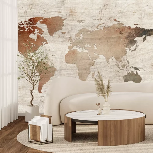 Fotobehang Wereldkaart op een houten achtergrond, rustiek ontwerp