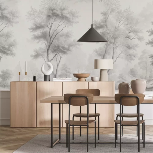 Fotobehang Monochroom landschap met bomen in het park