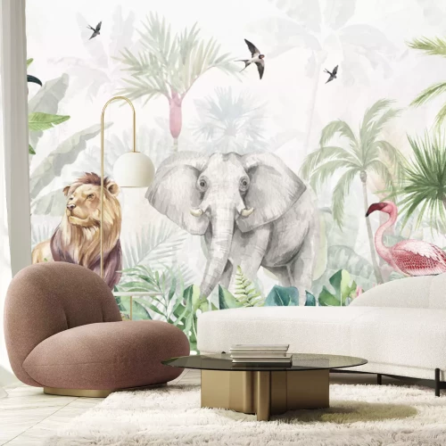 Fotobehang Dieren tussen tropische planten in de jungle