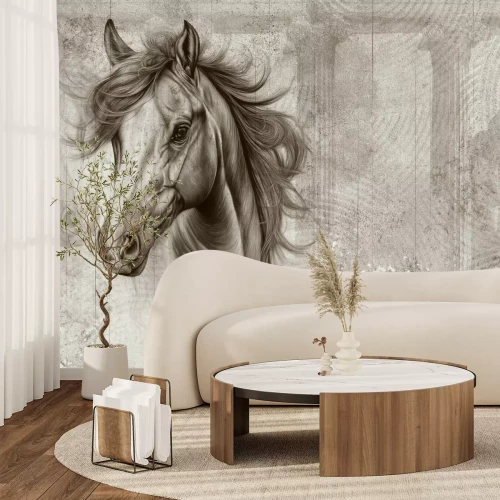 Fotobehang Een cartoonportret van een paardenkop op een muur met zuilen