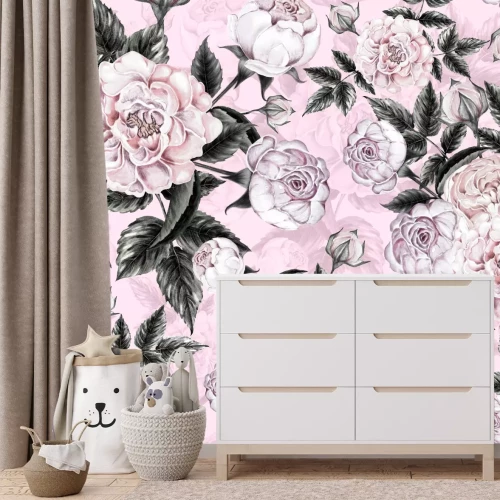 Fotobehang Rozenbloemen op een roze achtergrond