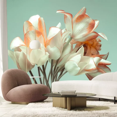 Fotobehang Tulpbloemen op een lichtgroene achtergrond