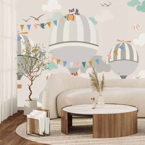 Fotobehang Vossen en dieren met ballonnen tegen een pastelkleurige luchtachtergrond