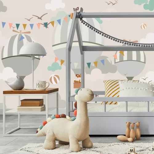 Fotobehang Vossen en dieren met ballonnen tegen een pastelkleurige luchtachtergrond