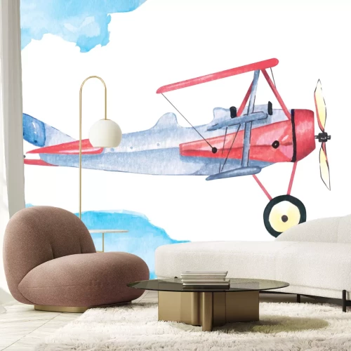 Fotobehang Aquarelstijl vliegtuig en wolken
