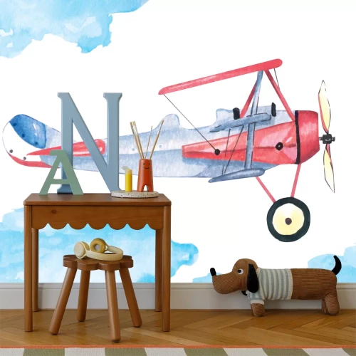 Fotobehang Aquarelstijl vliegtuig en wolken