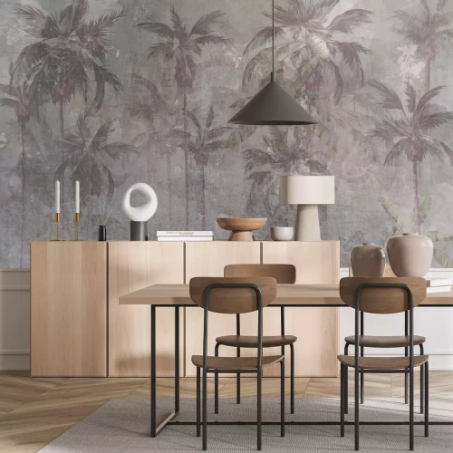 Fotobehang Palmbomen op een betonnen achtergrond, industrieel landschap