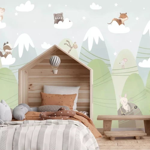 Fotobehang Landschap met bergen, dieren op wolken, sprookjesachtig landschap