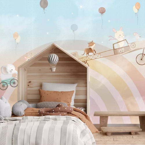 Fotobehang Dieren en kleurrijke ballonnen tegen een regenboogachtergrond