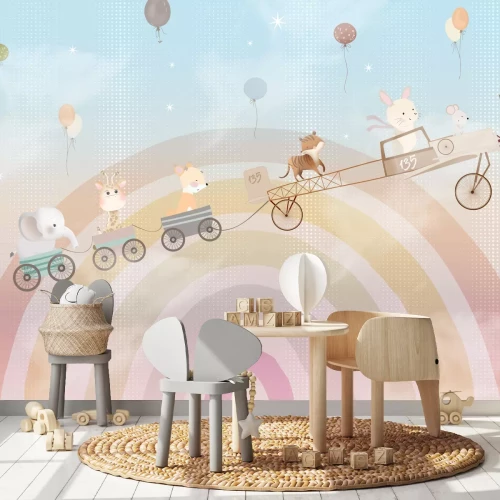 Fotobehang Dieren en kleurrijke ballonnen tegen een regenboogachtergrond