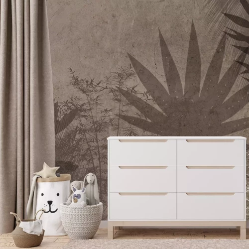 Fotobehang Schaduwen van tropische bladeren op een bruine achtergrond