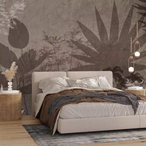 Fotobehang Schaduwen van tropische bladeren op een bruine achtergrond