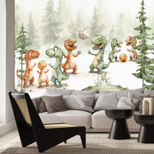 Fotobehang Aquarelbos met dinosaurussen en een bal