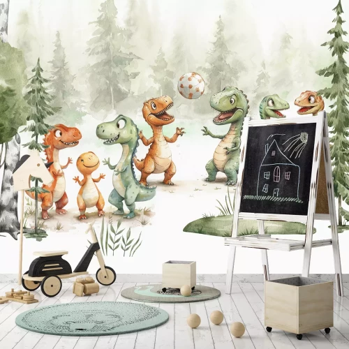 Fotobehang Aquarelbos met dinosaurussen en een bal