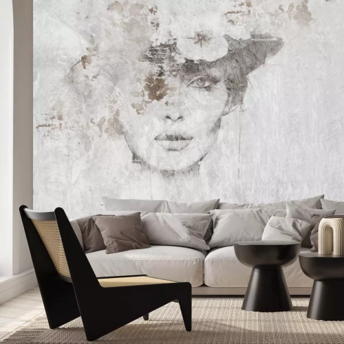 Fotobehang Portret van een vrouw met een hoed met bloemen