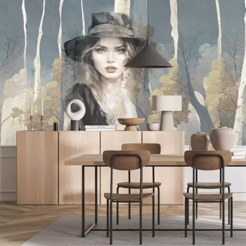 Fotobehang Vrouw met hoed abstract landschap van bos en natuur