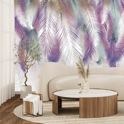 Fotobehang Kleurrijke veren op een betonnen muur