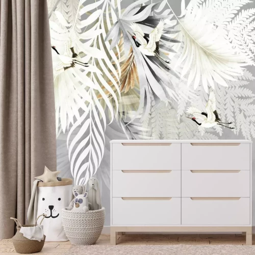 Fotobehang Palmbladeren en varens met vogelmotief