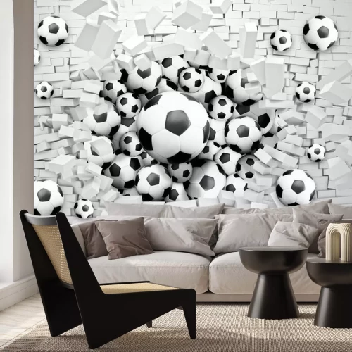 Fotobehang Voetballen die door een muur gaan