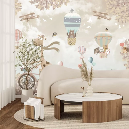 Fotobehang Kinderillustratie met een giraf op een fiets en dieren