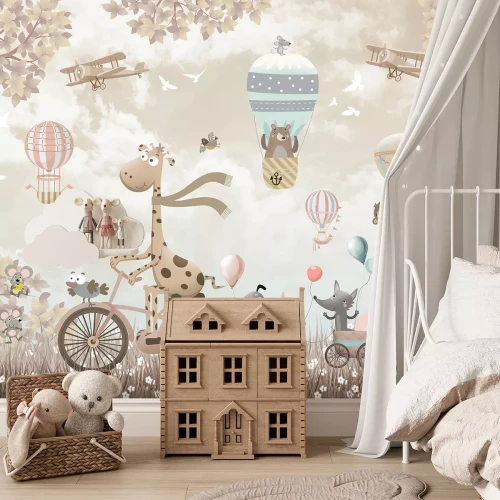 Fotobehang Kinderillustratie met een giraf op een fiets en dieren