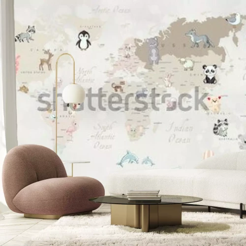 Fotobehang Beige wereldkaart met dieren
