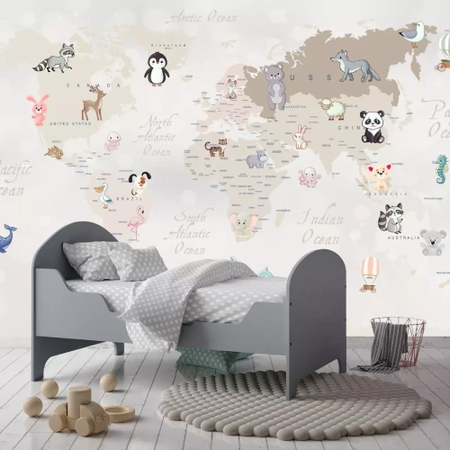 Fotobehang Beige wereldkaart met dieren