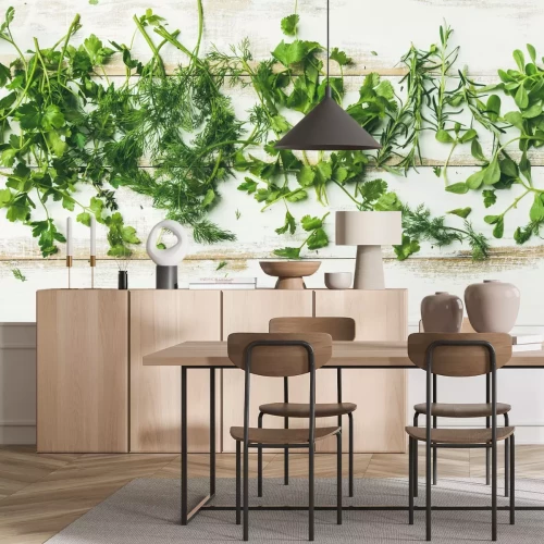 Fotobehang Flatlay-foto van verse groene kruiden