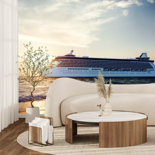 Fotobehang Een jacht op zee gezien vanaf het strand