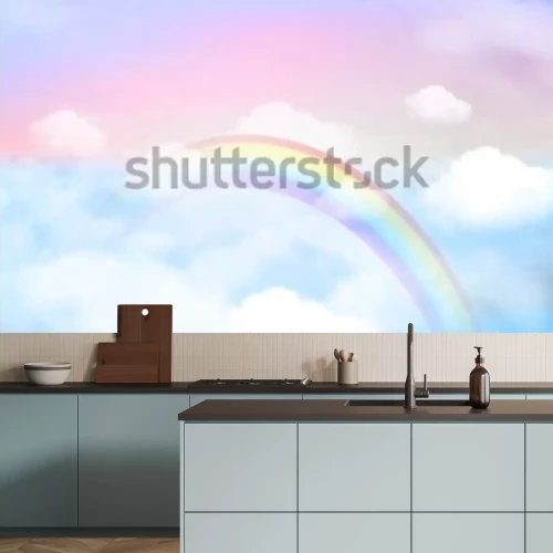 Fotobehang fantasie magisch landschap regenboog aan de hemel abstract groot volume textuur pluizige wolken schijnen close-up uitzicht recht, watten, roze paars pastelkleuren zon fantastische achtergrond