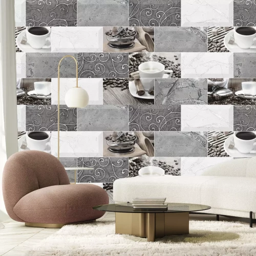 Fotobehang Keukentegels met koffiekopjes en bonen