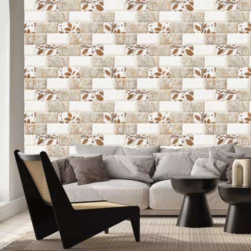 Fotobehang Beige tegels met plantenmotief