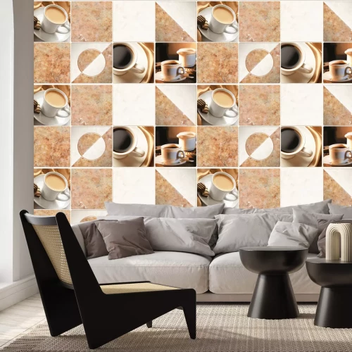 Fotobehang Vierkante tegels met koffiekopjes