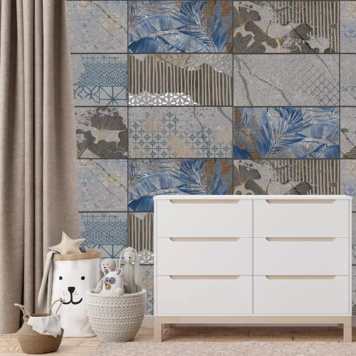 Fotobehang Donkere tegels met plantenmotief