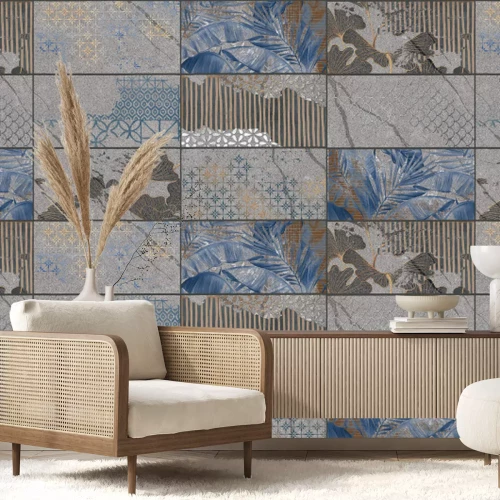 Fotobehang Donkere tegels met plantenmotief