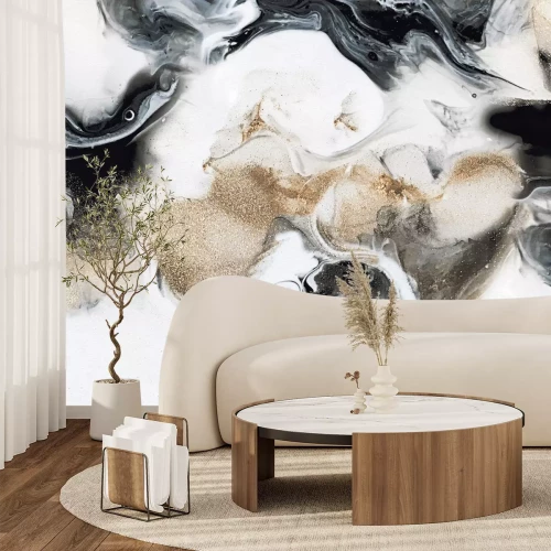 Fotobehang Zwart-wit marmer met delicate gouden decoratie