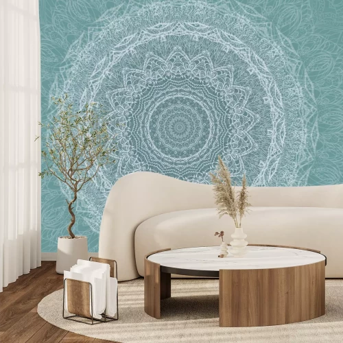 Fotobehang Witte mandala-schets in een blauwe setting