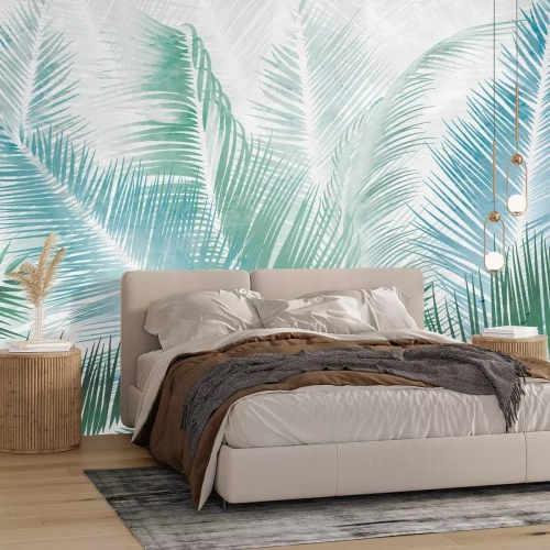 Fotobehang Botanisch patroon van blauwe en groene palmbladeren