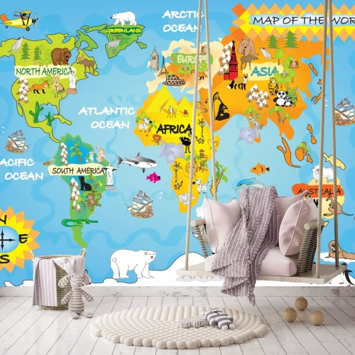 Fotobehang Wereldkaart met dieren voor kinderen