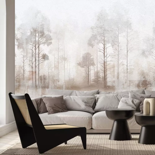 Fotobehang Boslandschap met bomen tegen een achtergrond die beton imiteert