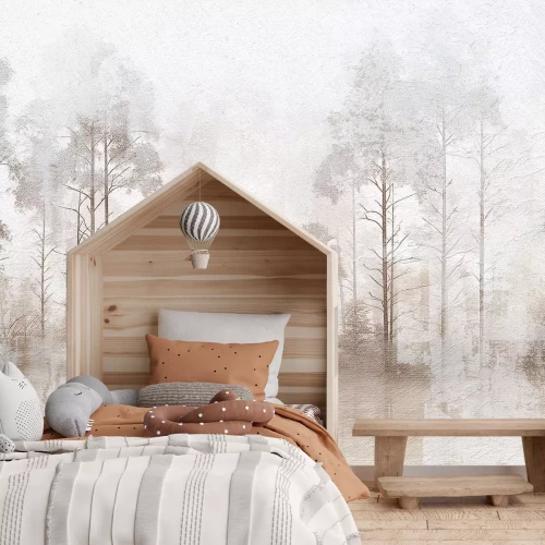 Fotobehang Boslandschap met bomen tegen een achtergrond die beton imiteert