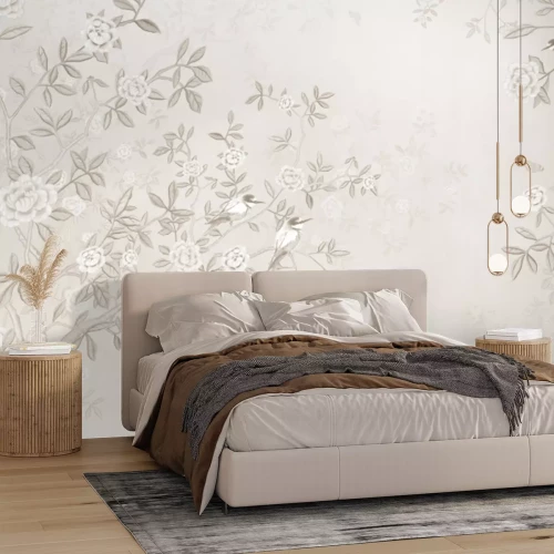 Fotobehang Vogels op de takken van bloeiende bomen in vintage stijl