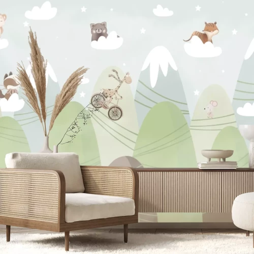 Fotobehang Een sprookjesachtig landschap met bergen, dieren en wolken