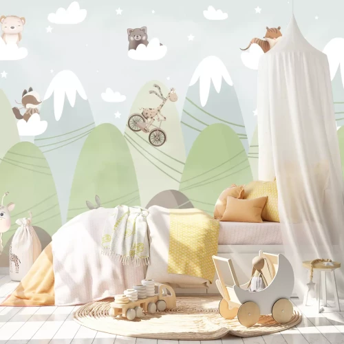 Fotobehang Een sprookjesachtig landschap met bergen, dieren en wolken